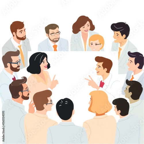 A large team of twelve leaders are conducting interviews. Everyone is contributing ideas, and a few are pointing at the board or screen.