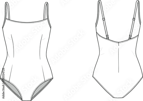 One-piece swimsuit sketch front and back, thin adjustable straps, streamlined silhouette, fashion design illustration for stylish women's swimwear sewing template