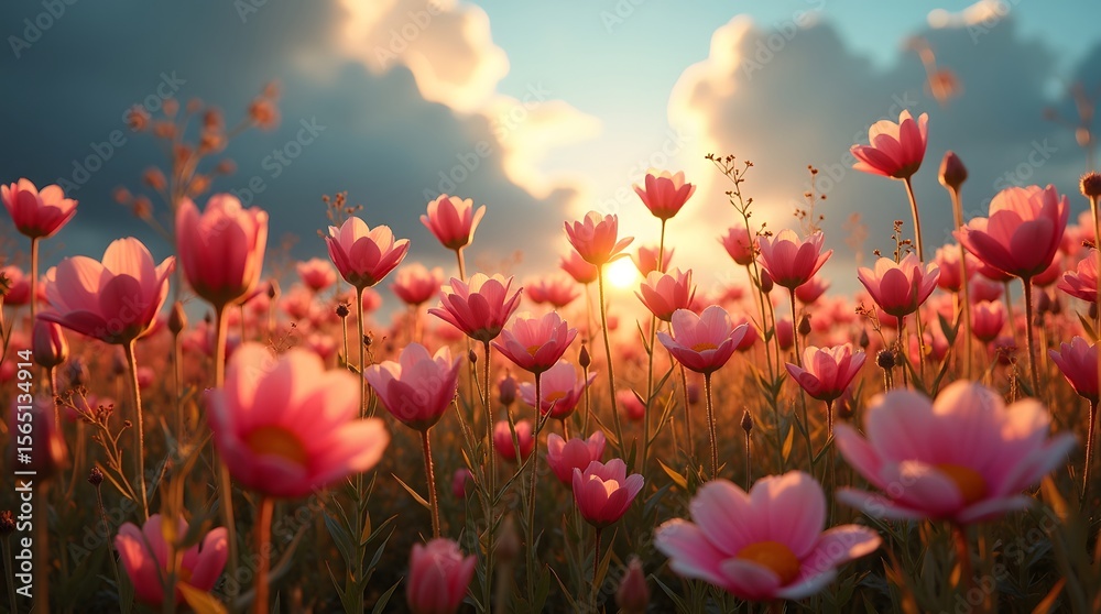 Fototapeta premium A vibrant field of red and pink tulips under a dramatic sunset sky. A beautiful and romantic landscape representing love, passion, and the beauty of nature in spring.