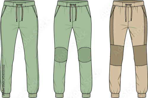 Men’s jogger pants flat sketch with drawstring waistband, panel detail, elastic cuffs, sporty casual fashion technical illustration flat vector illustration