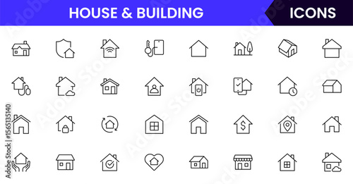 A clean vector icon set featuring home-related symbols like houses, keys, locks, and interiors, rentals, or smart home