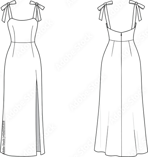 Dress sketch with tied shoulder straps, slit skirt front and flared back, fitted bodice design, fashion drawing for elegant women's apparel pattern
