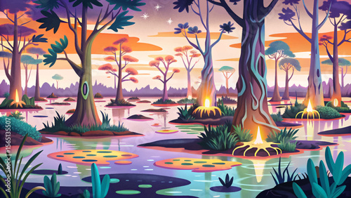 glowing swamp filled with bioluminescent plants and eerie trees, casting surreal light across murky waters cartoon vector an atmospheric fantasy setting perfect for mystical game adventures