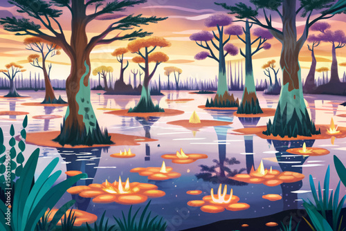glowing swamp filled with bioluminescent plants and eerie trees, casting surreal light across murky waters cartoon vector an atmospheric fantasy setting perfect for mystical game adventures