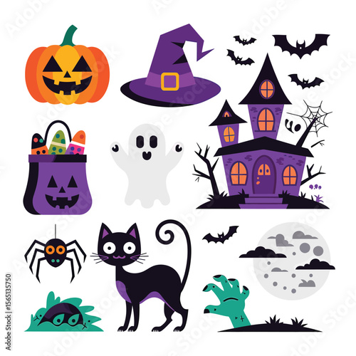 2d vector illustration Halloween t shirt icon design items ghost character Candles in carved pumpkin
