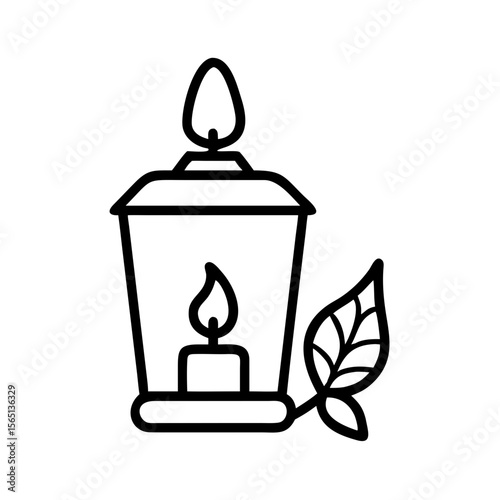 Lantern with candle and leaf — autumn decor, transparent background