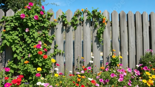 A weathered wooden fence adorned with vibrant flowers and climbing vines under a clear blue sky outdoors