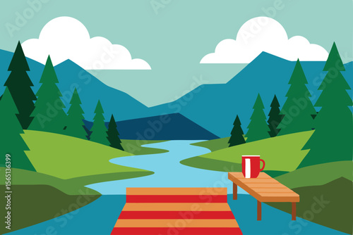 Serene Mountain River Landscape Peaceful Nature Scene with Dock and Coffee