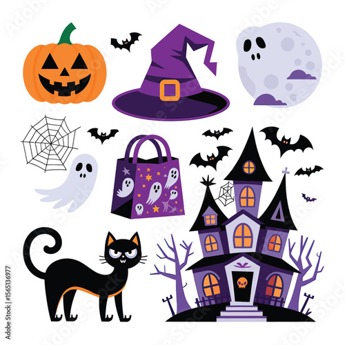2d vector illustration Halloween t shirt icon design items ghost character Candles in carved pumpkin
