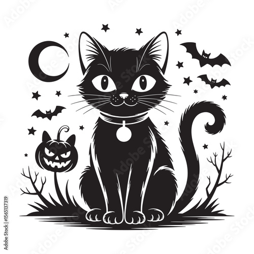 Spooky black cat with jack o lantern and bats under a crescent moon