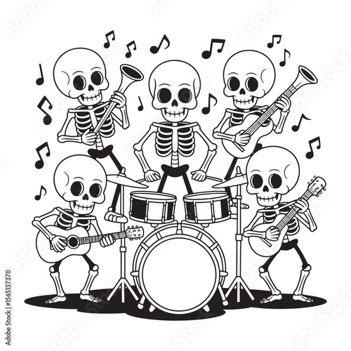 A skeleton band plays music with guitars and drums surrounded by musical notes