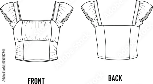 Cropped ruffled sleeve top sketch, technical fashion drawing, front and back view, ruched bust detail, sewing design for elegant women's apparel