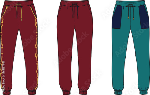 Stylish men's jogger pants front view with drawstring waist, chain side design and color block pockets casual fashion illustration flat vector illustration