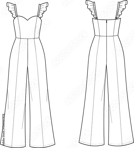 Sweetheart neckline jumpsuit sketch, ruffled straps, wide-leg pants design, front and back view, fashion drawing for stylish women's clothing pattern concept