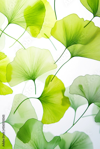 A close-up beautiful composition featuring translucent ginkgo leaves, showcasing their intricate details and vibrant greens.