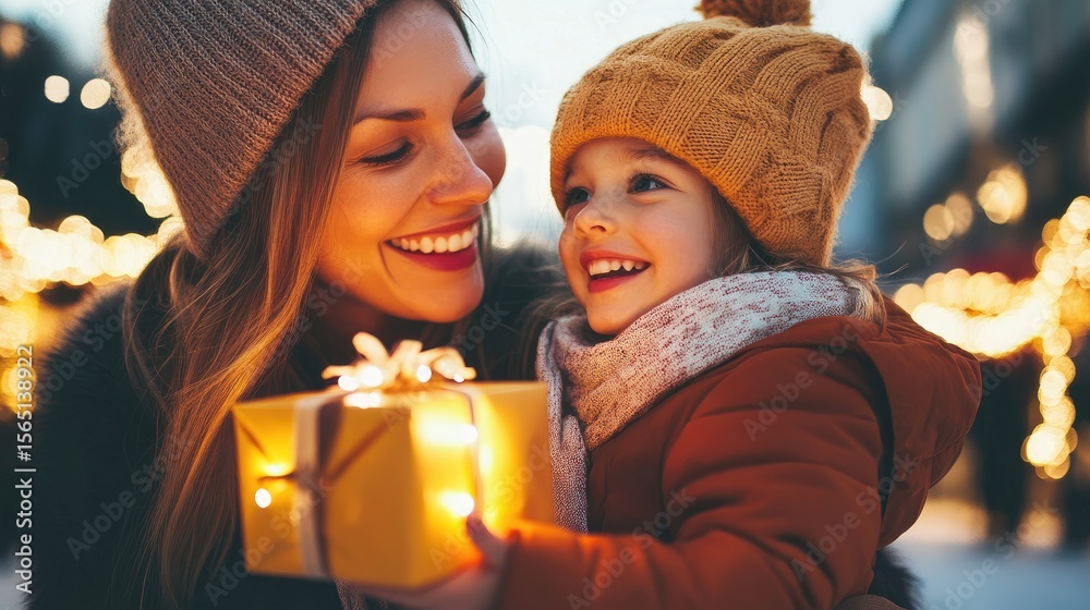 Obraz premium Joyful Mother and Daughter Share Glowing Gift, Winter Holiday Celebration.