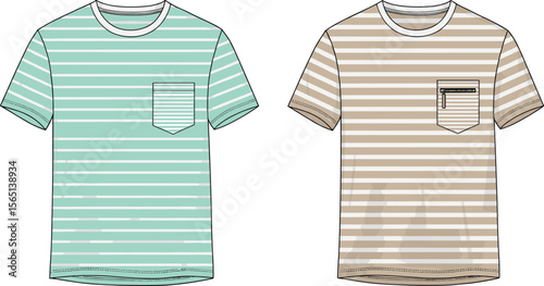 Trendy striped t-shirt front views with chest pocket detail, mint green and beige color, modern casual men's fashion design illustration flat vector illustration