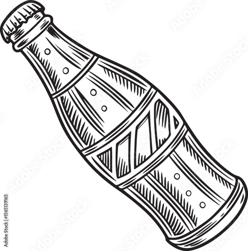 Vintage Soda Bottle Vector Illustration – Retro Glass Drink Bottle in Black and White Hand-Drawn Style

