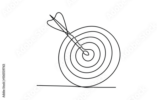 vector linear illustration Target with an arrow hitting the center, one continuous line illustration. Continuous line drawing of archery target, The arrow on in target circle,