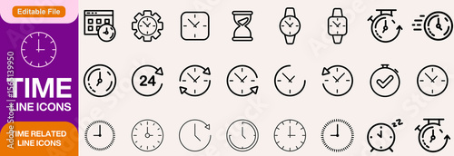 Time Line Editable Icons set. Vector illustration in modern thin line style of clock related icons: timer, stopwatch, alarm, and more. Isolated on transparent background.