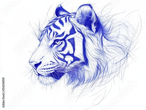 Majestic Blue Tiger Illustration with Intricate Line Work and Detail