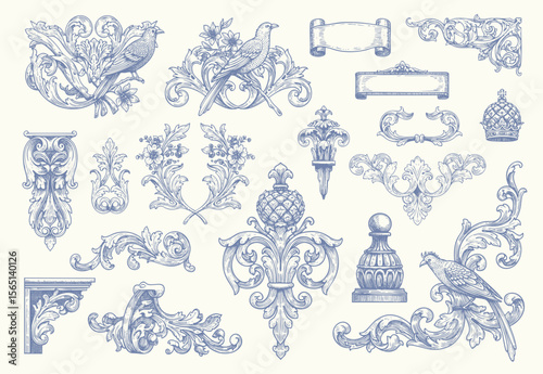 engraving illustration of victorian, rococo, baroque style elements. book cover, social media, t shirt design application
