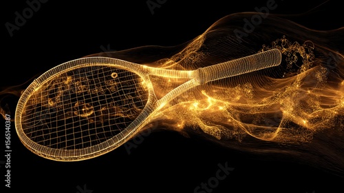 A floating tennis racket emitting golden waves that reverse time through its glowing strings.