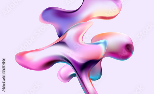 3D Holographic liquid shapes. Colorful iridescent bubble on white background. Abstract vector frame.