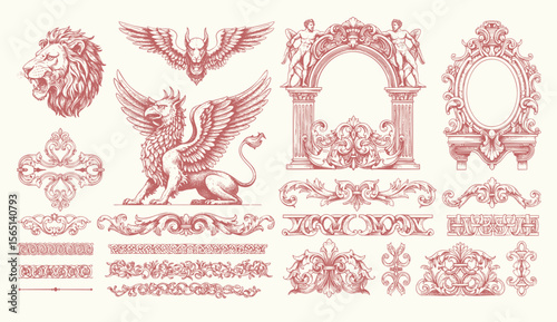 engraving illustration of victorian, rococo, baroque style elements. book cover, social media, t shirt design application