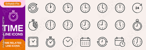 Time Line Editable Icons set. Vector illustration in modern thin line style of clock related icons: timer, stopwatch, alarm, and more. Isolated on transparent background.