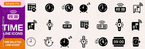 Time Line Editable Icons set. Vector illustration in modern thin line style of clock related icons: timer, stopwatch, alarm, and more. Isolated on transparent background.
