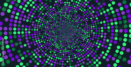 Abstract vortex background composed of colorful dots in a spiral motion.
