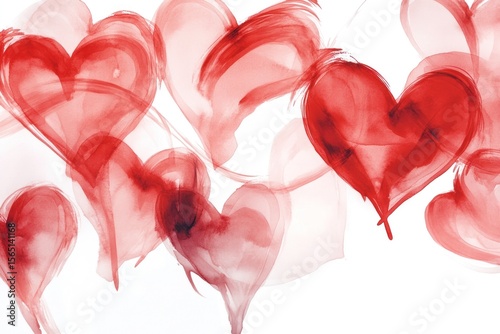 Watercolor Hearts: Abstract Red Brushstrokes on White Background, Romantic Art