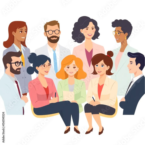 A group of ten coworkers are conducting interviews. The group includes men and women of different ages and backgrounds.
