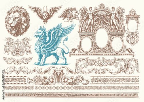 engraving illustration of victorian, rococo, baroque style elements. book cover, social media, t shirt design application