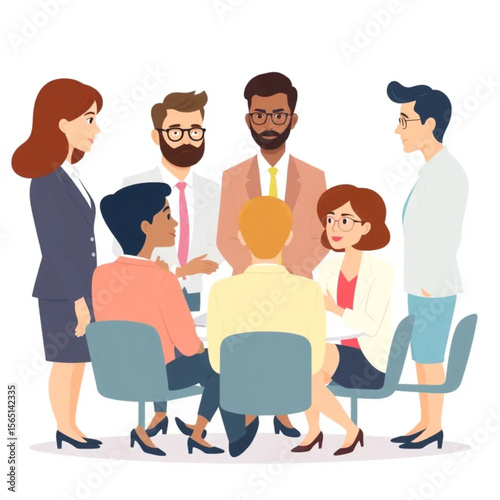A group of six consultants are participating in a team-building workshop. They are dressed in business attire and seem engaged in the conversation.
