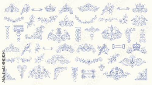 Floral decorative vector elements set, rococo and baroque style, vintage royal details. engraving illustration set