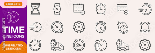 Time Line Editable Icons set. Vector illustration in modern thin line style of clock related icons: timer, stopwatch, alarm, and more. Isolated on transparent background.