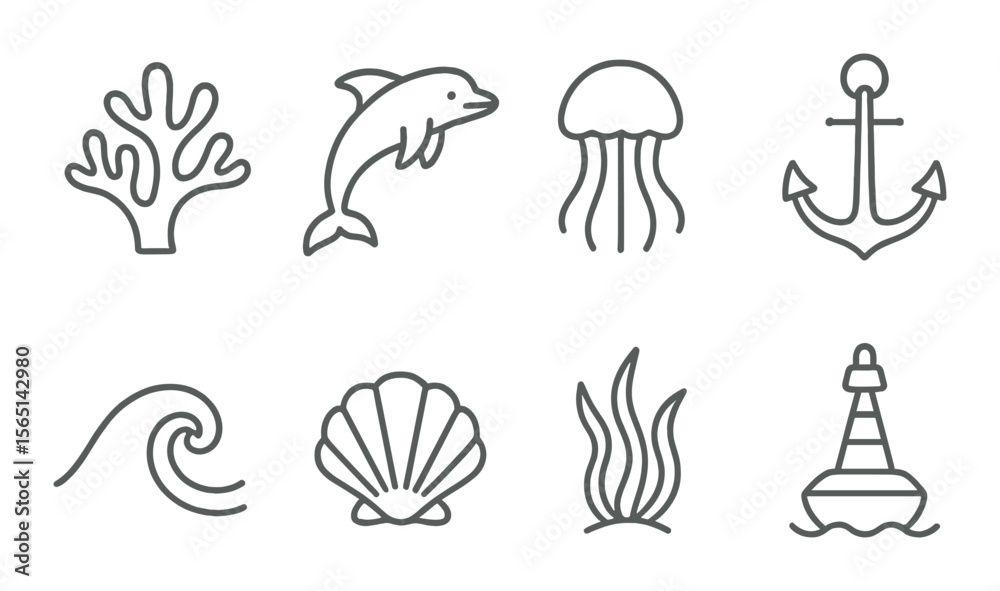 Fototapeta premium Ocean and marine life icons set – outline, sea and aquatic themed graphics
