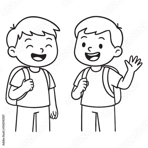 Two cartoon boys with backpacks, ready for school, in a friendly, playful pose.