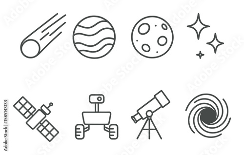 Space exploration icons set – linear, galaxy and astronomy themed symbols