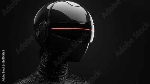 Futuristic Black Robot with Glossy Helmet and Red Accent Light