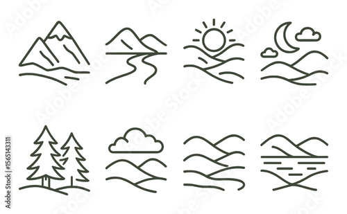 Nature icons set – linear, harmony and outdoor adventure symbols for design