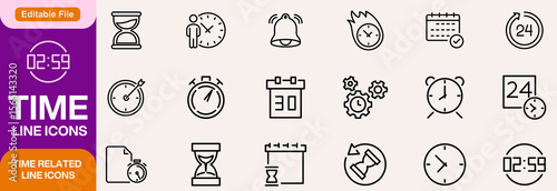 Time Line Editable Icons set. Vector illustration in modern thin line style of clock related icons: timer, stopwatch, alarm, and more. Isolated on transparent background.