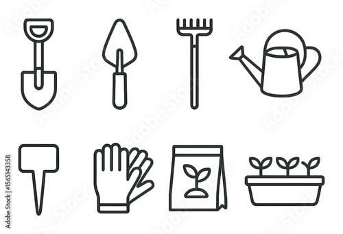 Garden tools icons set – linear, horticulture and planting equipment symbols