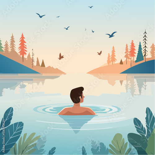 vector art of a person swimming in a natural lake