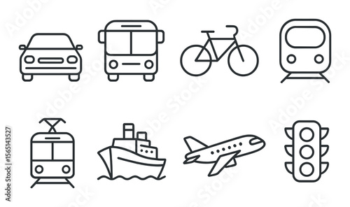 Transport and travel icons set - outline, vehicle and transit symbols