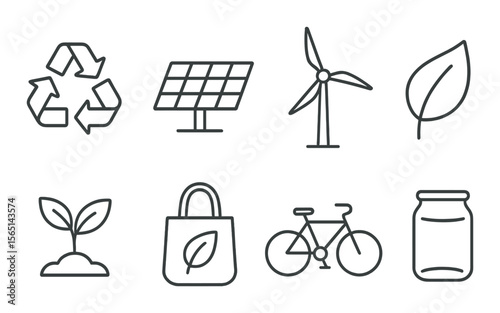 Sustainable living icons set – outline, eco-friendly and green lifestyle symbols