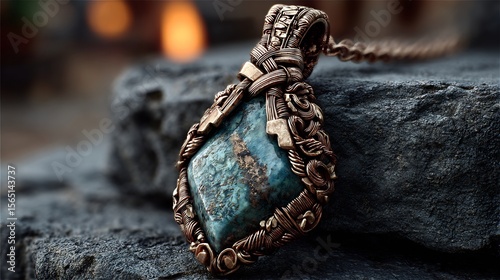Handmade stone pendant wrapped copper wire centered on slate background with detailed textures and bright light