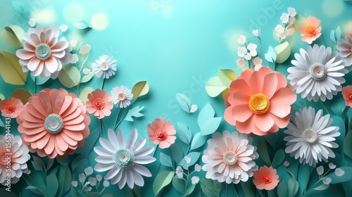 Delicate Paper Flowers in a Teal Garden, A Whimsical Floral Arrangement